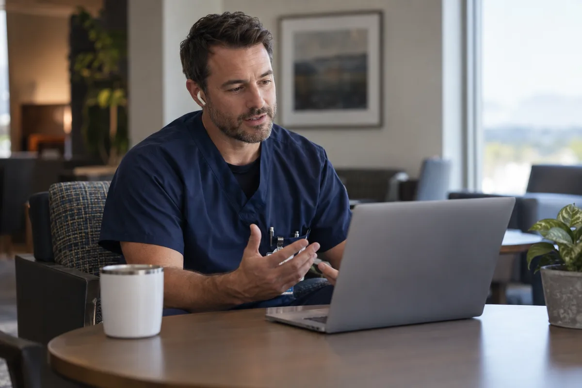 Physician taking part in a remote conversation