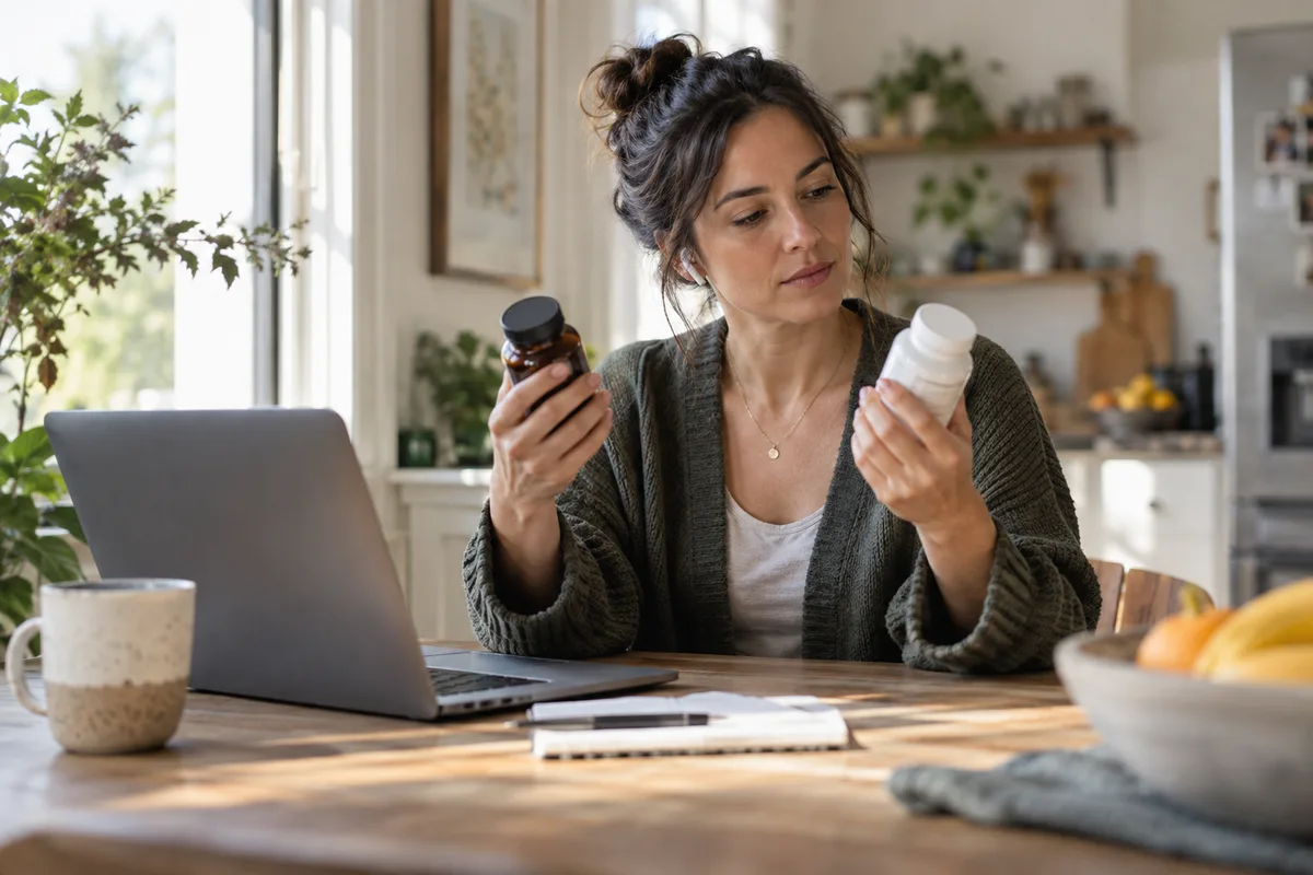 Consumer comparing supplement choices at home