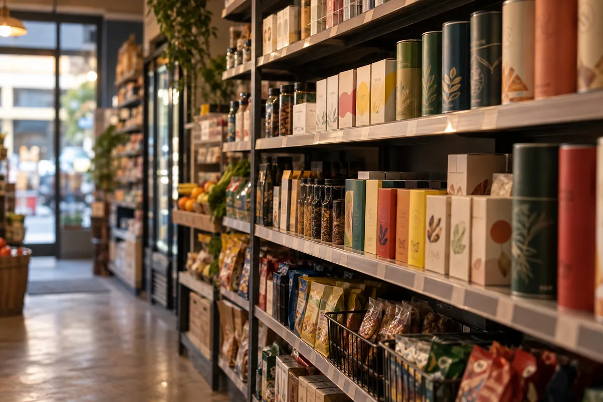 Merchandise arranged on convenience store shelves