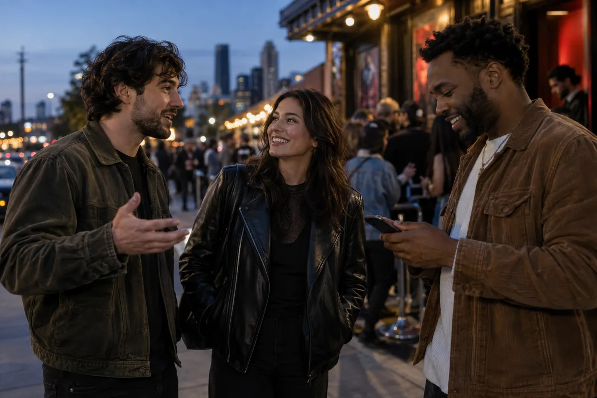 Friends planning an evening outside a music venue